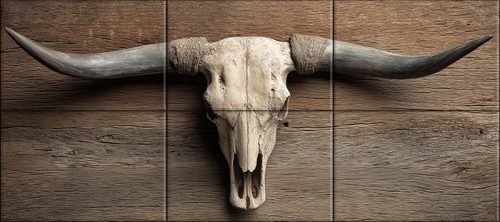 Tile mural with longhorn skull and wooden background